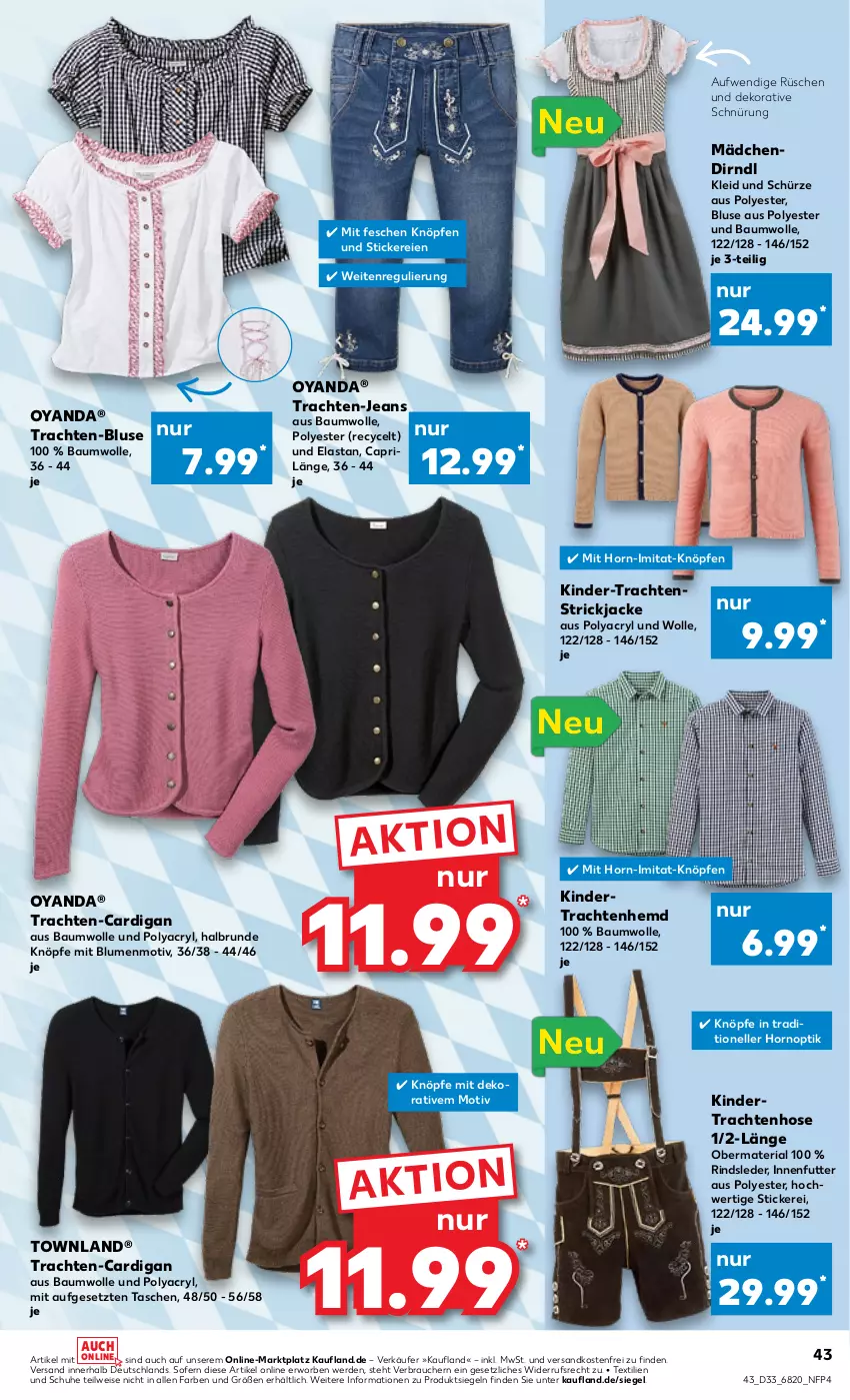 Aktueller Prospekt Kaufland - von 18.08 bis 24.08.2022 - strona 43 - produkty: Bau, baumwolle, blume, blumen, bluse, Cap, Cardigan, Dirndl, eis, elle, erde, hemd, hose, Jacke, jeans, Kinder, kleid, ndk, pril, Rauch, Ria, rind, schuhe, Schürze, Strickjacke, Tasche, taschen, Ti, Trachten-Jeans, Trachtenhemd, Trachtenhose, versandkostenfrei, wolle, ZTE