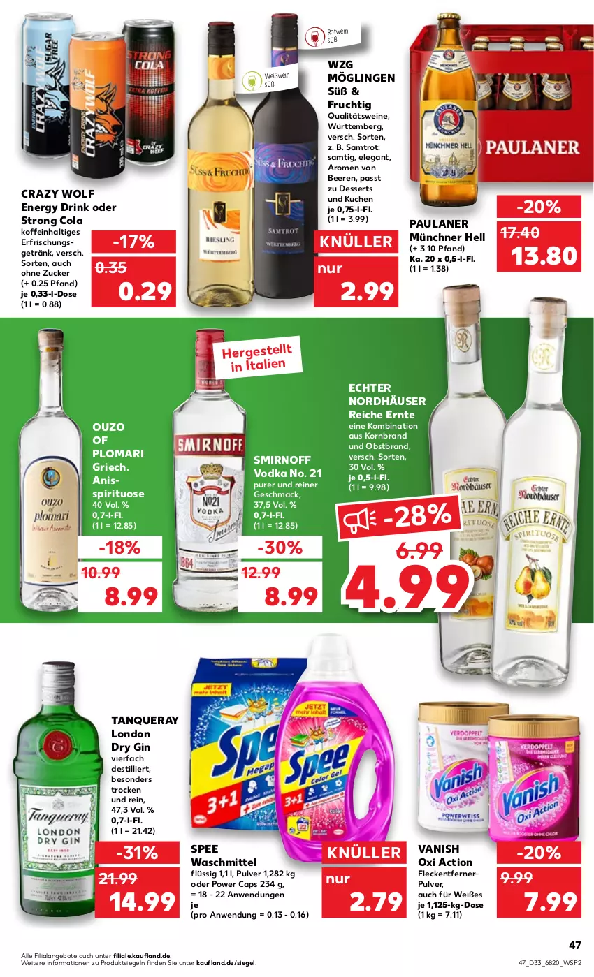 Aktueller Prospekt Kaufland - von 18.08 bis 24.08.2022 - strona 47 - produkty: angebot, angebote, beere, beeren, Cap, cola, dessert, desserts, drink, dry gin, energy drink, erfrischungsgetränk, fleckentferner, frucht, getränk, gin, korn, kuchen, london dry, london dry gin, mac, obst, Obstbrand, ouzo, oxi action, Paula, paulaner, qualitätswein, qualitätsweine, rotwein, smirnoff, spee, Tanqueray, Ti, vanish, vanish oxi action, vodka, waschmittel, wein, weine, Weißwein, zucker