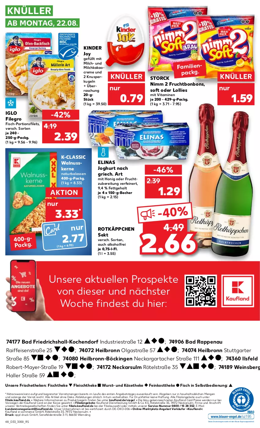 Aktueller Prospekt Kaufland - von 18.08 bis 24.08.2022 - strona 48 - produkty: alkohol, angebot, angebote, Astra, Bad, Becher, bio, bonbons, creme, drucker, eis, elinas, elinas joghurt, elle, Engel, erde, feinkost, feinkosttheke, filegro, filet, filets, fisch, fischtheke, fleisch, frucht, honig, iglo, joghur, joghurt, joghurt nach, kakao, Käse, käsetheke, kerze, Kinder, Kugel, LG, milch, natur, Nimm 2, nuss, reis, rotkäppchen, sekt, storck, Ti, vita, Vitamine, walnuss, walnusskerne, wein, wurst, ZTE