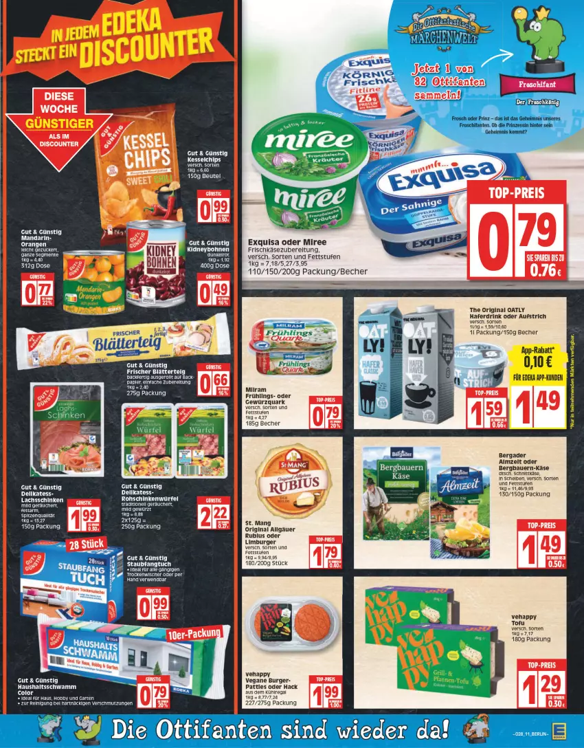 Aktueller Prospekt Edeka - Angebote der Woche - von 11.07 bis 16.07.2022 - strona 11 - produkty: auer, aufstrich, aus dem kühlregal, Bau, Bauer, Becher, bergader, beutel, blätterteig, burger, deka, discount, drink, eis, exquisa, fitline, frischkäse, frischkäsezubereitung, Frosch, Garten, gewürz, gewürzquark, gin, hafer, Haferdrink, Hobby, Käse, kühlregal, lachs, lachsschinken, LG, Limburger, milram, miree, orange, orangen, papier, quark, regal, Reinigung, reis, rel, rohschinken, rwe, schinken, schnittkäse, schwamm, spitzenqualität, Ti, Tofu, top-preis, tuc, würfel, zucker