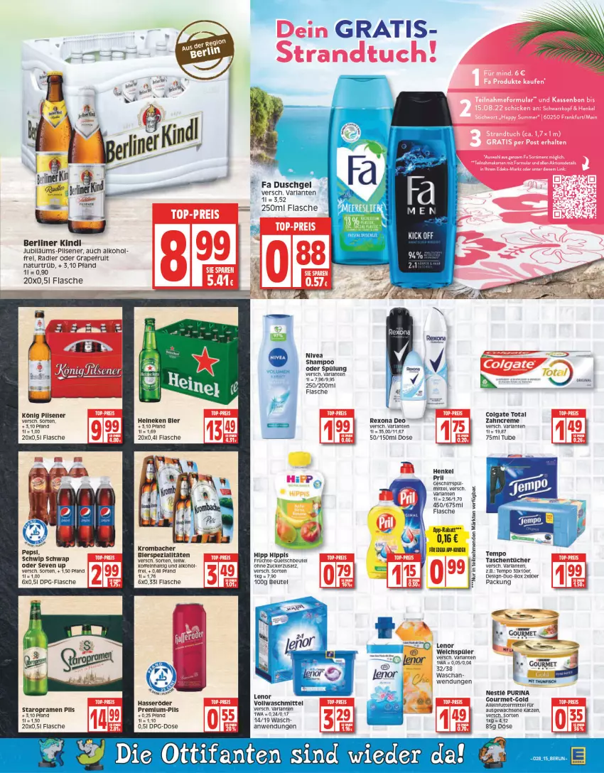 Aktueller Prospekt Edeka - Angebote der Woche - von 11.07 bis 16.07.2022 - strona 15 - produkty: alkohol, alleinfuttermittel, arla, berliner, beutel, bier, colgate, colgate total, creme, deka, deo, duschgel, fisch, flasche, früchte, geschirr, hasseröder, heineken, henkel, hipp, könig pilsener, krombache, krombacher, lenor, LG, natur, nivea, pils, pilsener, pril, purina, quetschbeutel, radler, rel, rexona, Schwip Schwap, shampoo, shampoo oder spülung, spülung, Staropramen, Tasche, taschen, taschentücher, Tempo, thunfisch, Ti, tücher, vollwaschmittel, waschmittel, weichspüler, zahncreme, zucker