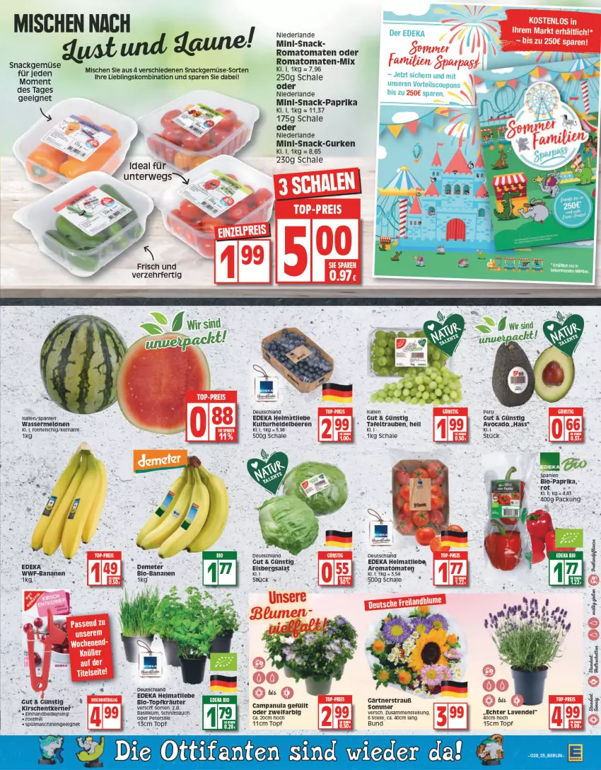 Aktueller Prospekt Edeka - Angebote der Woche - von 11.07 bis 16.07.2022 - strona 5 - produkty: aust, avocado, banane, bananen, basilikum, beere, beeren, bio, bio-bananen, Bio-Paprika, Campanula, chia, coupon, coupons, deka, edeka bio, eis, eisbergsalat, gurke, gurken, heidelbeere, heidelbeeren, kirsch, kirsche, kirschen, kräuter, lavendel, LG, melone, melonen, paprika, petersilie, Romatomaten, rwe, salat, Schal, Schale, schnittlauch, snack, spülmaschinen, tafeltrauben, Ti, tomate, tomaten, topf, Topfkräuter, trauben, wasser, wassermelone, wassermelonen