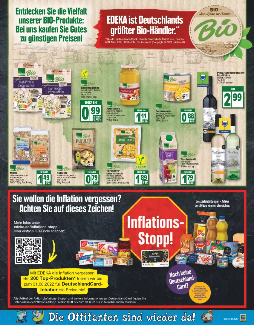 Aktueller Prospekt Edeka - Angebote der Woche - von 11.07 bis 16.07.2022 - strona 7 - produkty: apfel, aus dem kühlregal, ball, beutel, bio, Bio-Wein, decke, deka, deutschlandcard, direktsaft, edeka bio, eis, flasche, frucht, gnocchi, korn, kühlregal, linsen, natur, regal, reis, rel, saft, Ti, torte, tortelloni, trauben, Traubensaft, waffeln, wein, weine, wolle, zucker