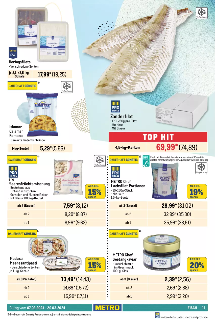 Aktueller Prospekt Metro - Gastro Journal - von 07.03 bis 20.03.2024 - strona 11 - produkty: Abtei, angebot, angebote, antipasti, aqua, asti, auer, backfisch, beutel, bio, eis, elle, filet, filets, fisch, fische, Fischer, fleisch, forelle, frischfisch, früchte, garnelen, Gläser, hering, Herings, heringsfilets, lachs, lachsfilet, LG, mac, meeresfrüchte, Metro, reis, rel, resa, ring, rwe, Schal, Schale, Schere, Schütze, seelachsfilet, smartphone, Ti, Tintenfischringe, Wild, Zander