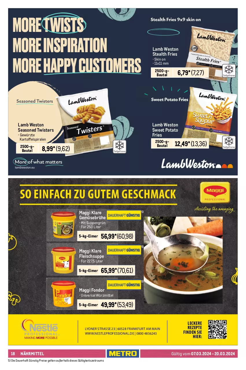 Aktueller Prospekt Metro - Gastro Journal - von 07.03 bis 20.03.2024 - strona 18 - produkty: auer, auto, barilla, beutel, Brühe, dessert, desserts, dessertsauce, eimer, eis, flasche, fleisch, Frittieröl, Gemüsebrühe, gewürz, kartoffel, korn, Langkornreis, LG, lyoner, maggi, mehl, Metro, mit gemüse, mondamin, ohne palmöl, pasta, pizza, Pizzamehl, rapsöl, reis, rezept, rezepte, sac, sauce, saucen, suppe, suppen, Ti, tisch, Vegeta, Yo, ZTE