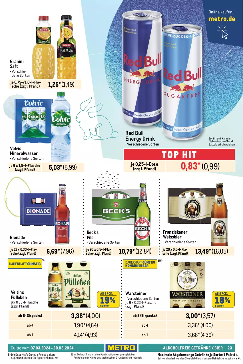 Aktueller Prospekt Metro - Gastro Journal - von 07.03 bis 20.03.2024 - strona 23 - produkty: alkohol, alkoholfreie getränke, Alwa, auer, bier, bio, bionade, drink, eis, energy drink, flasche, franziskaner, getränk, getränke, granini, Metro, metro gastro, mineralwasser, Palette, pils, red bull, reis, saft, sattel, steiner, Ti, veltins, volvic, warsteiner, wasser, weissbier