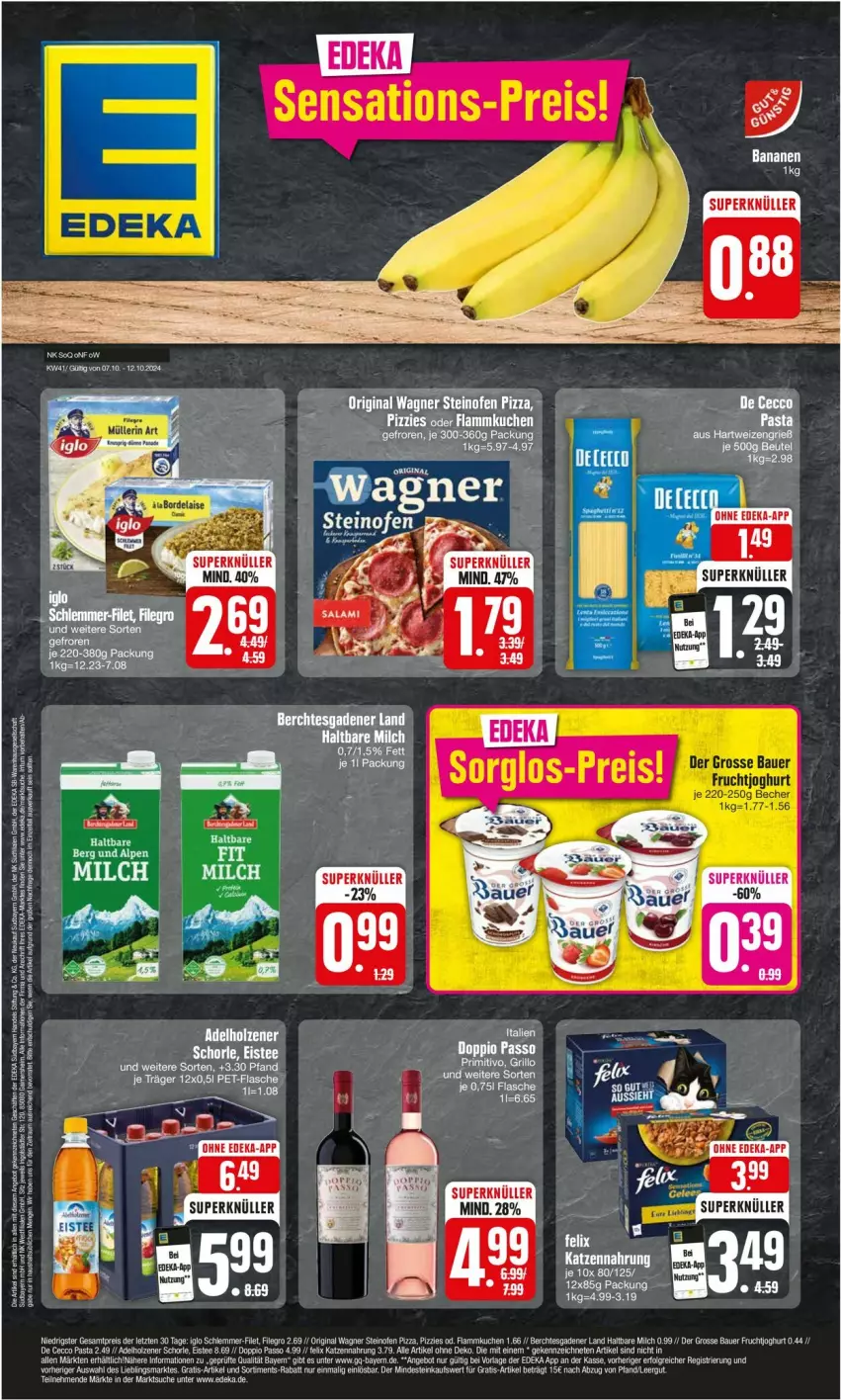 Aktueller Prospekt Edeka - Prospekte - von 07.10 bis 12.10.2024 - strona 1 - produkty: auer, Bau, Bauer, Becher, doppio passo, eis, ente, filegro, flammkuchen, frucht, fruchtjoghurt, gin, haltbare milch, iglo, joghur, joghurt, kuchen, lamm, milch, Ofen, original wagner, passo, pizza, reis, steinofen, steinofen pizza, Ti, wagner, ZTE