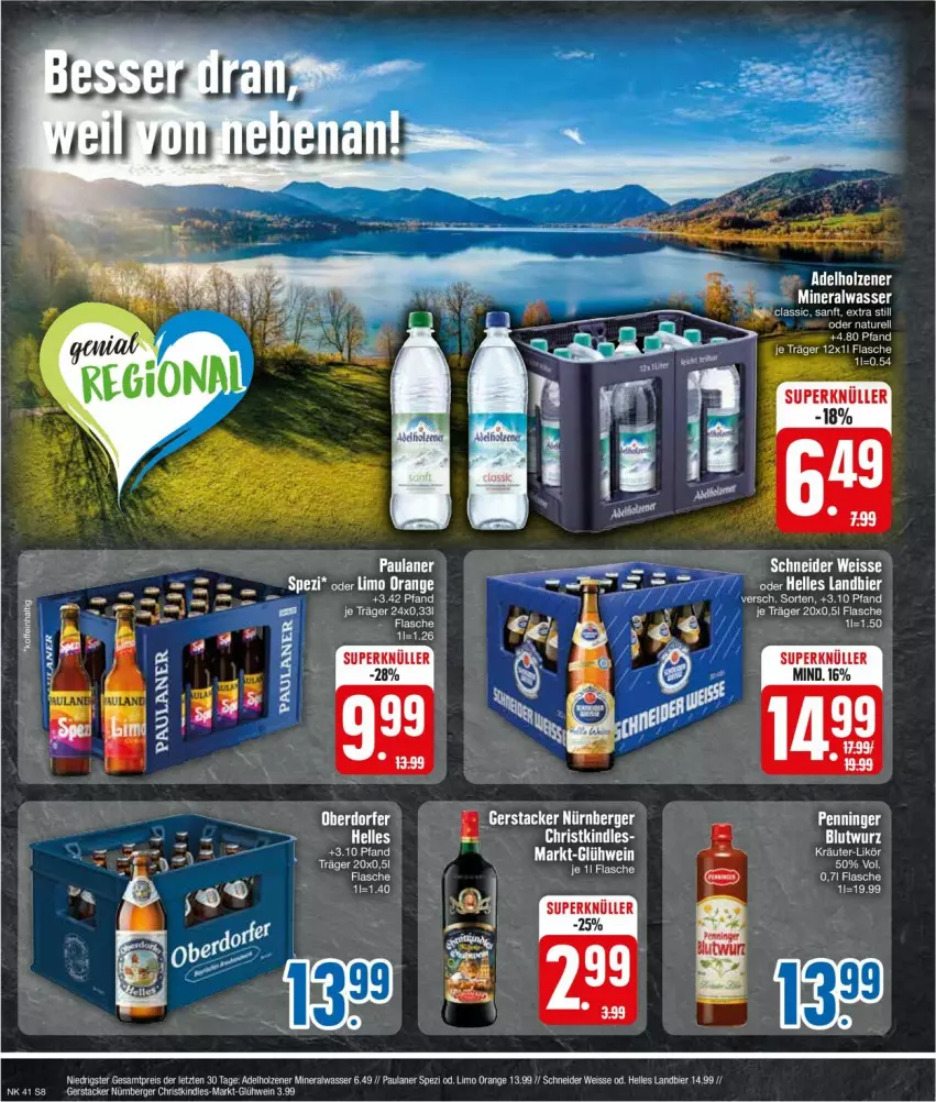 Aktueller Prospekt Edeka - Prospekte - von 07.10 bis 12.10.2024 - strona 10 - produkty: adelholzener, Alwa, Berger, bier, eier, eis, elle, flasche, Glühwein, Holz, Kindle, limo, mineralwasser, orange, Paula, paulaner, reis, Spezi, Ti, wasser, wein, ZTE