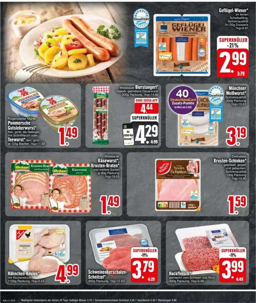 Aktueller Prospekt Edeka - Prospekte - von 07.10 bis 12.10.2024 - strona 18 - produkty: auer, Bau, Bauer, Becher, bier, braten, eier, eis, ente, fleisch, Geflügel, gutsleberwurst, hackfleisch, Käse, Käsewurst, leberwurst, Pommersche, reis, Schal, Schale, schnittlauch, schnitzel, schwein, schweine, Schweineoberschale, spitzenqualität, wein, weine, Weißwurst, wiener, wiesbauer, wurst, ZTE