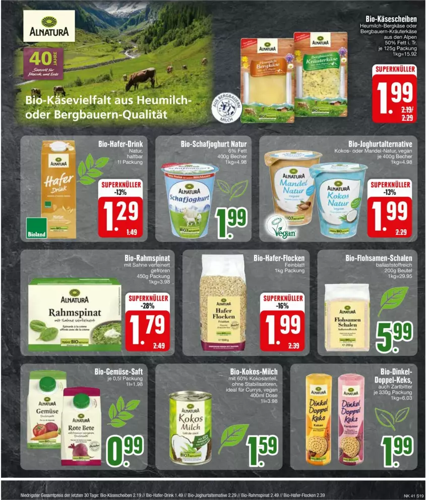 Aktueller Prospekt Edeka - Prospekte - von 07.10 bis 12.10.2024 - strona 21 - produkty: auer, Bau, Bauer, Bergkäse, bio, Bio-Käse, drink, eis, Heu, heumilch, joghur, joghurt, Käse, käsescheiben, kokos, kräuter, milch, natur, rote bete, sahne, Schal, Schale, spinat, Ti