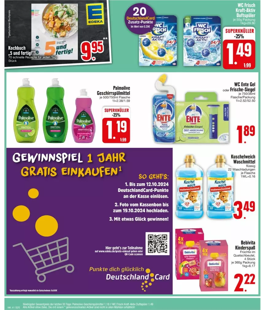 Aktueller Prospekt Edeka - Prospekte - von 07.10 bis 12.10.2024 - strona 22 - produkty: beutel, deutschlandcard, ente, flasche, geschirr, geschirrspülmittel, gutschein, gutscheine, kraft, Kuschelweich, LG, olive, palmolive, quetschbeutel, spülmittel, Ti, waschmittel, wc frisch, ZTE