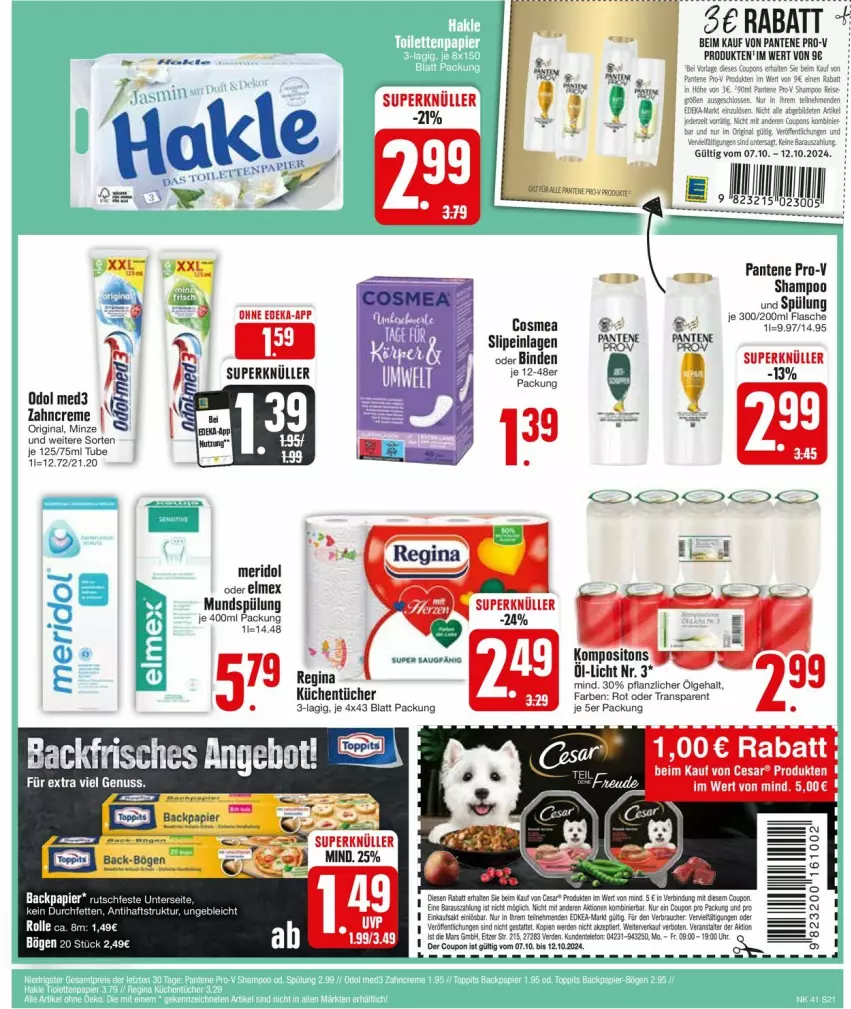 Aktueller Prospekt Edeka - Prospekte - von 07.10 bis 12.10.2024 - strona 23 - produkty: binden, creme, deka, elmex, flasche, gin, LG, meridol, minze, mundspülung, Odol, odol med, odol med3, pantene, pantene pro-v, papier, pro-v, shampoo, spülung, tee, Ti, zahncreme