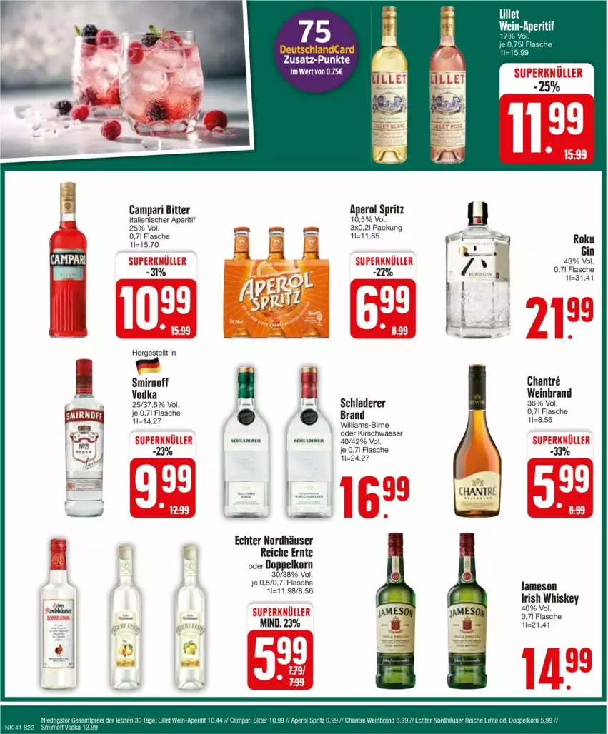 Aktueller Prospekt Edeka - Prospekte - von 07.10 bis 12.10.2024 - strona 24 - produkty: aperitif, aperol, campari, cin, doppelkorn, fisch, fische, flasche, irish whiskey, jameson, kirsch, korn, Schladerer, smirnoff, Ti, vodka, wasser, wein, weinbrand, whiskey