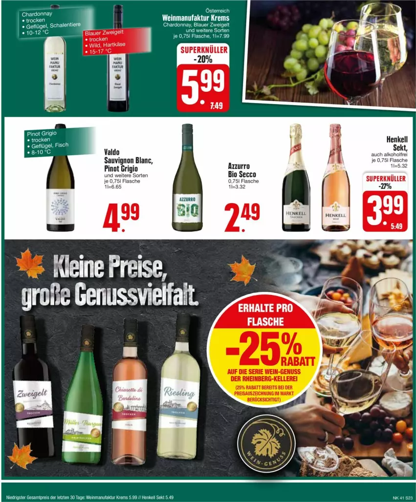 Aktueller Prospekt Edeka - Prospekte - von 07.10 bis 12.10.2024 - strona 25 - produkty: alkohol, auer, bio, blauer zweigelt, chardonnay, ecco, eis, Faktu, flasche, hartkäse, henkel, henkell, henkell sekt, Käse, nuss, Pinot, pinot grigio, reis, sauvignon, sauvignon blanc, sekt, valdo, wein, Wild, ZTE, Zweigelt