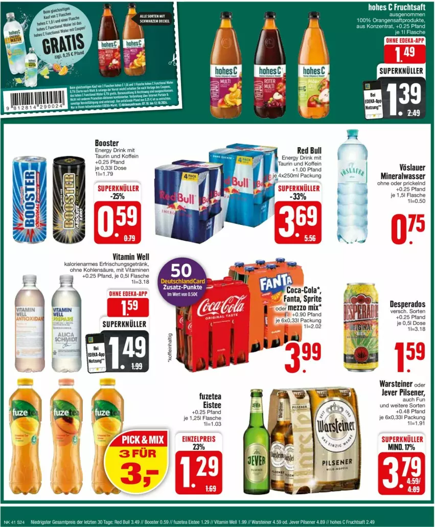 Aktueller Prospekt Edeka - Prospekte - von 07.10 bis 12.10.2024 - strona 26 - produkty: Alwa, auer, coca-cola, cola, desperados, drink, eis, eistee, energy drink, erfrischungsgetränk, fanta, flasche, fuzetea, getränk, gin, jever, jever pilsener, Mezzo Mix, mineralwasser, pils, pilsener, red bull, sprite, steiner, tee, vita, Vitamine, vöslauer, warsteiner, wasser