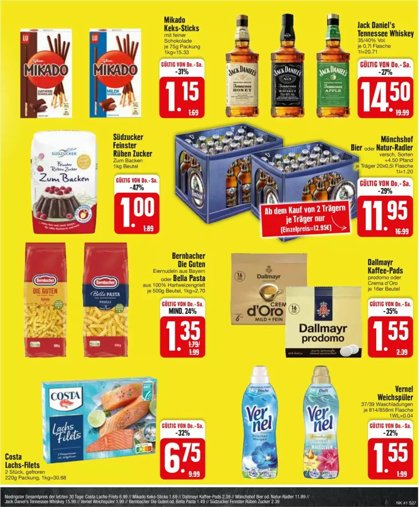 Aktueller Prospekt Edeka - Prospekte - von 07.10 bis 12.10.2024 - strona 29 - produkty: beutel, bier, d'oro, eier, eiernudeln, filet, filets, flasche, hartweizen, jack daniel, jack daniel's, kaffee, kaffee-pads, keks, lachs, mikado, natur, nudel, nudeln, pasta, prodomo, radler, schoko, schokolade, tennessee whiskey, Ti, vernel, weichspüler, whiskey