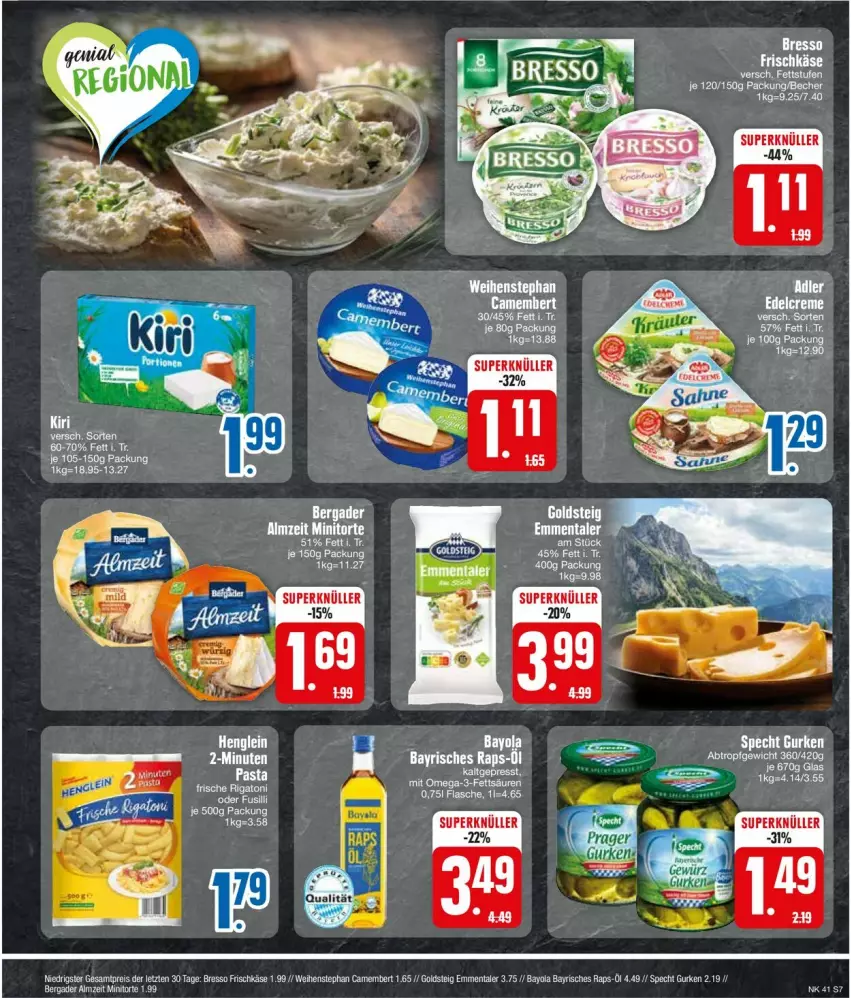 Aktueller Prospekt Edeka - Prospekte - von 07.10 bis 12.10.2024 - strona 9 - produkty: bergader, bresso, camembert, creme, edelcreme, eis, emmentaler, flasche, frischkäse, goldsteig, gurke, gurken, henglein, Käse, LG, omega, Omega-3, reis, sahne, specht, weihenstephan, Yo, ZTE