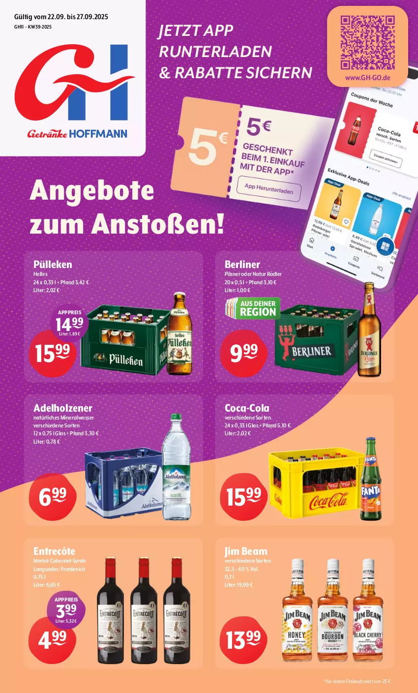 Aktueller Prospekt Getraenke Hoffmann - Prospekte - von 22.09 bis 27.09.2025 - strona 1 - produkty: adelholzener, Alwa, angebot, angebote, berliner, cabernet, coca-cola, cola, eis, elle, entrecôte, Holz, jim beam, merl, merlot, mineralwasser, natur, natur radler, natürliches mineralwasser, pils, pilsner, radler, reis, Ti, wasser