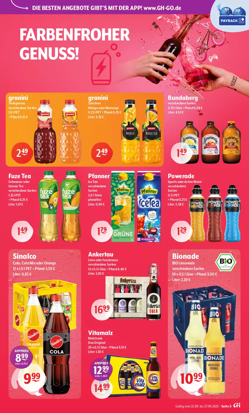Aktueller Prospekt Getraenke Hoffmann - Prospekte - von 22.09 bis 27.09.2025 - strona 3 - produkty: angebot, angebote, bio, bio limo, bionade, brause, Bundaberg, cola, eis, fassbrause, fuze tea, gin, granini, grüner tee, ice tea, limo, limonade, malz, mango, maracuja, nuss, orange, pfanne, Pfanner, reis, sinalco, Sport, tee, Ti, vita, vitamalz