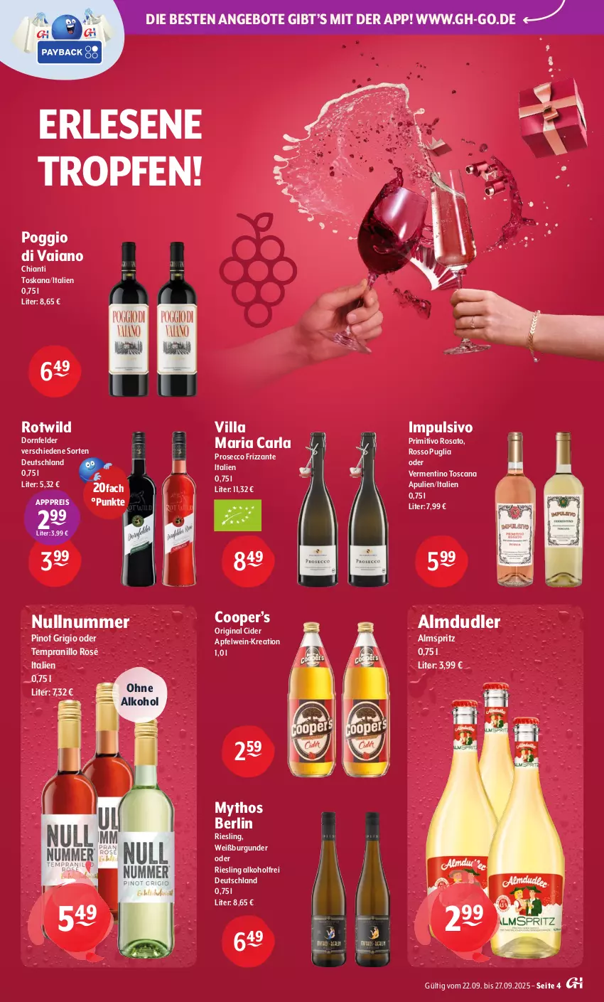 Aktueller Prospekt Getraenke Hoffmann - Prospekte - von 22.09 bis 27.09.2025 - strona 4 - produkty: alkohol, almdudler, angebot, angebote, apfel, apfelwein, arla, burgunder, chia, chianti, cider, dornfelder, ecco, eis, frizzante, gin, Mythos, ohne alkohol, Pinot, pinot grigio, primitivo, prosecco, reis, Ria, riesling, rosato, tempranillo, Ti, wein, Weißburgunder, Wild
