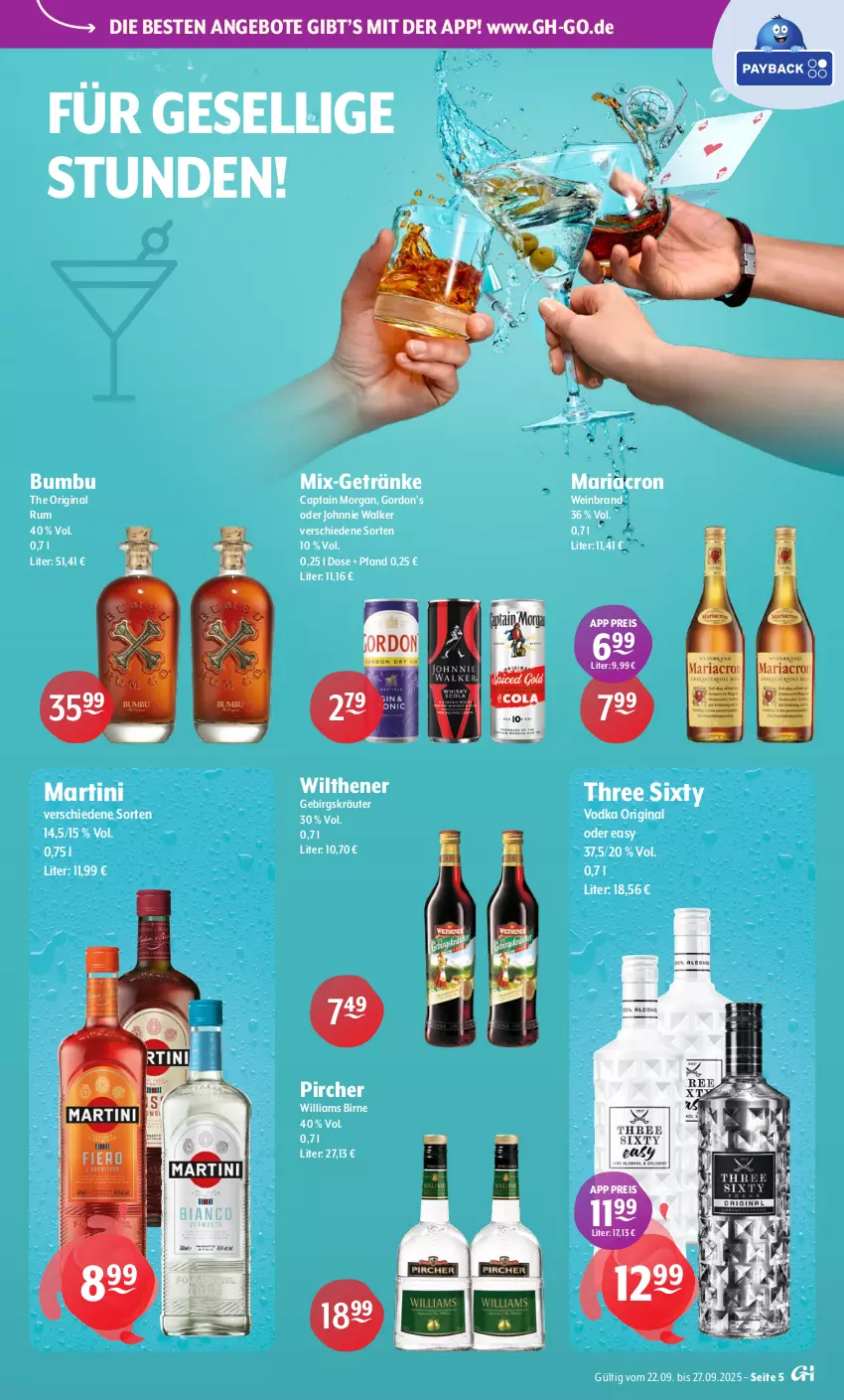 Aktueller Prospekt Getraenke Hoffmann - Prospekte - von 22.09 bis 27.09.2025 - strona 5 - produkty: angebot, angebote, Bumbu, Cap, captain morgan, eis, getränk, getränke, gin, gordon, Gordon’s, johnnie walker, kräuter, mariacron, martini, pircher, reis, Ria, rum, Three Sixty, Ti, vodka, wein, weinbrand, Williams Birne, wilthener