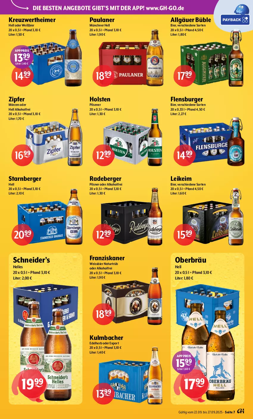 Aktueller Prospekt Getraenke Hoffmann - Prospekte - von 22.09 bis 27.09.2025 - strona 7 - produkty: alkohol, angebot, angebote, Berger, bier, burger, eimer, eis, elle, flensburger, franziskaner, holsten, holsten pilsener, LG, natur, Paula, paulaner, pils, pilsener, pilsner, radeberger, reis, Ti, weissbier, Zipfer