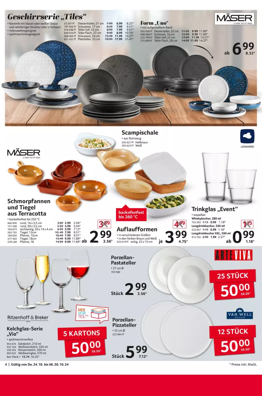 Aktueller Prospekt Selgros - Non Food - von 24.10 bis 30.10.2024 - strona 4 - produkty: auer, backofen, Becher, braun, dessert, drink, eis, elle, geschirr, Geschirrserie, leonardo, mikrowelle, Ofen, pasta, pfanne, pfannen, pizza, reis, rel, rotwein, Schal, Schale, schmorpfanne, schüssel, sekt, spülmaschinen, teller, Ti, trinkglas, wein, Weißwein, Weißweinglas, whisky, Whiskybecher, ZTE