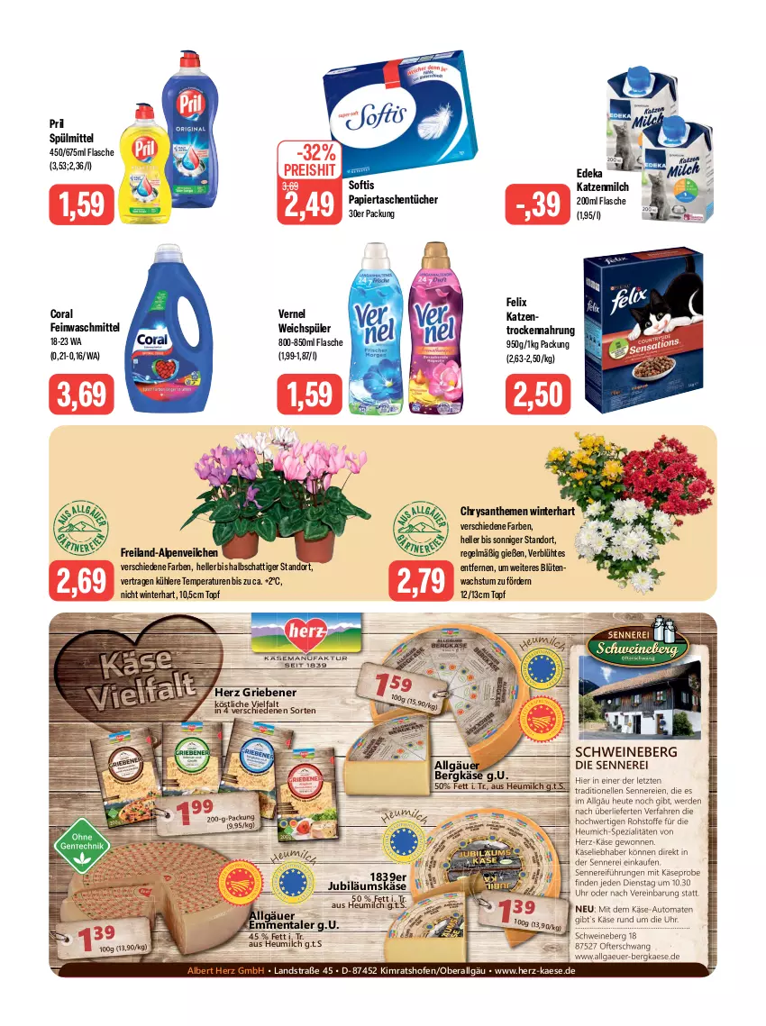 Aktueller Prospekt Feneberg - Prospekte - von 07.09 bis 09.09.2023 - strona 14 - produkty: Alpenveilchen, auto, Bergkäse, Blüte, chrysanthemen, Coral, deka, eis, elle, emmentaler, erde, feinwaschmittel, felix, flasche, Heu, heumilch, Jubiläums, kaes, Käse, katzenmilch, LG, milch, Ofen, papier, pril, reis, schwein, schweine, Spezi, spülmittel, Tasche, taschen, taschentücher, Ti, tomate, tomaten, topf, Trockennahrung, tücher, uhr, vernel, waschmittel, weichspüler, wein, weine, ZTE