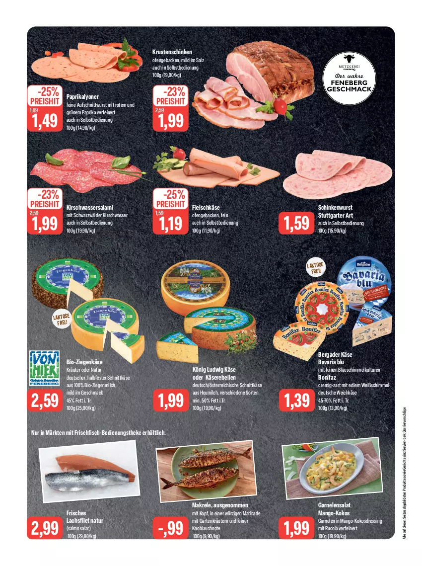 Aktueller Prospekt Feneberg - Prospekte - von 07.09 bis 09.09.2023 - strona 4 - produkty: aufschnitt, bavaria blu, bergader, bio, cola, dressing, eis, elle, filet, fisch, fleisch, fleischkäse, frischfisch, garnelen, garnier, Garten, geback, halbfester schnittkäse, Heu, heumilch, Käse, Käserebellen, kirsch, knoblauch, kokos, kräuter, kräutern, Krustenschinken, lachs, lachsfilet, lyoner, mac, Makrele, mango, marinade, milch, natur, Ofen, paprika, rebell, reis, rel, Ria, rucola, salami, salat, salz, schinken, schinkenwurst, schnittkäse, wasser, weichkäse, wurst, Yo, ziegenkäse