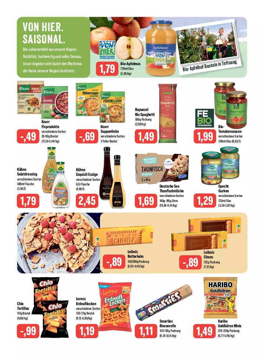 Aktueller Prospekt Feneberg - Prospekte - von 07.09 bis 09.09.2023 - strona 9 - produkty: angebot, apfel, apfelmus, beutel, bio, butter, butterkeks, dressing, elle, ente, essig, fisch, flasche, goldbären, gurke, gurken, haribo, keks, knorr, knorr fix, Kühne, lebensmittel, leibniz, lorenz, natur, nuss, salat, salatdressing, sauce, saucen, smarties, spaghetti, specht, suppe, suppen, suppenliebe, teller, thunfisch, Ti, tomate, tomaten, tomatensauce, tortilla, tortillas