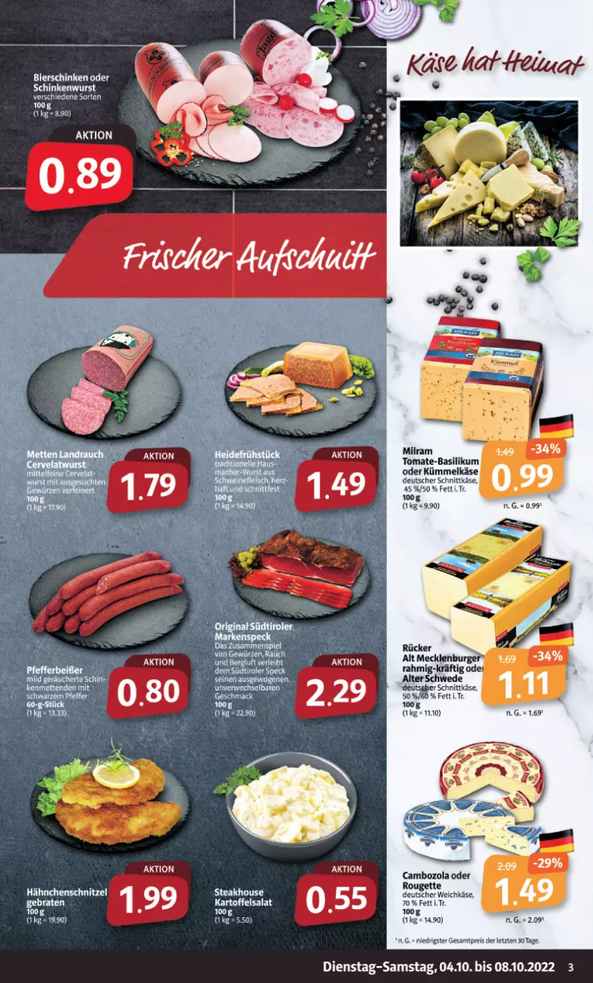 Aktueller Prospekt Markant - Prospekte - von 04.10 bis 08.10.2022 - strona 3 - produkty: basilikum, bier, bierschinken, braten, cambozola, deutscher schnittkäse, deutscher weichkäse, eis, Hähnchenschnitzel, kartoffel, kartoffelsalat, Käse, milram, reis, rouge, rougette, salat, schinken, schinkenwurst, schnittkäse, schnitzel, steak, tee, Ti, tomate, tomate-basilikum, weichkäse, wurst, ZTE