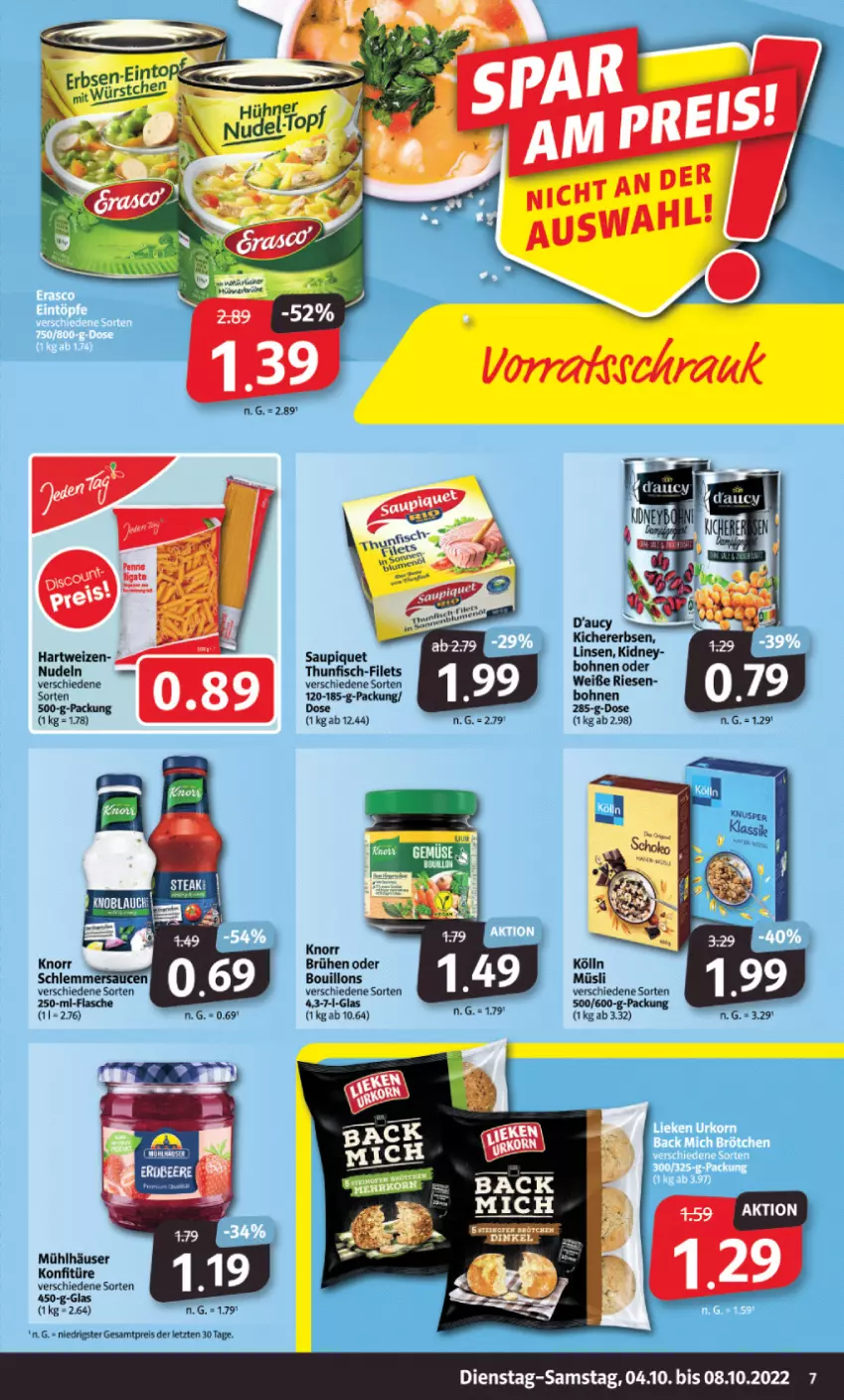 Aktueller Prospekt Markant - Prospekte - von 04.10 bis 08.10.2022 - strona 7 - produkty: bohne, bohnen, Brühe, eis, erbsen, filet, filets, fisch, flasche, hartweizen, hühner, kichererbsen, kidney, knorr, kölln, konfitüre, linsen, mühlhäuser, müsli, nudel, nudeln, reis, saupiquet, thunfisch, Ti, ZTE