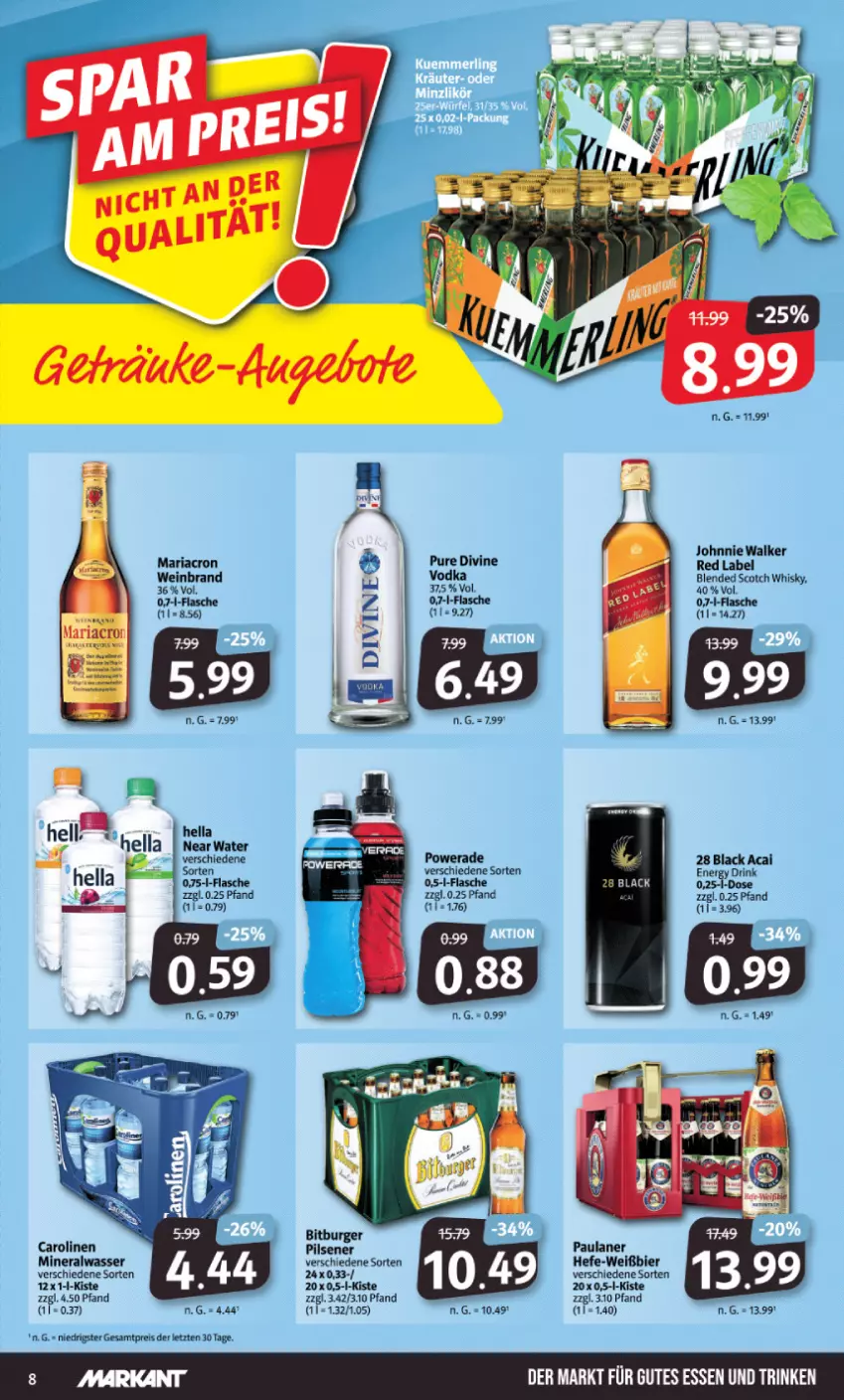 Aktueller Prospekt Markant - Prospekte - von 04.10 bis 08.10.2022 - strona 8 - produkty: Alwa, bier, bitburger, blended scotch, blended scotch whisky, burger, drink, eis, flasche, gutes essen, Hefe, hella, johnnie walker, lack, mariacron, mineralwasser, Paula, paulaner, pils, pilsener, reis, Ria, scotch, scotch whisky, vodka, wasser, wein, weinbrand, whisky, ZTE