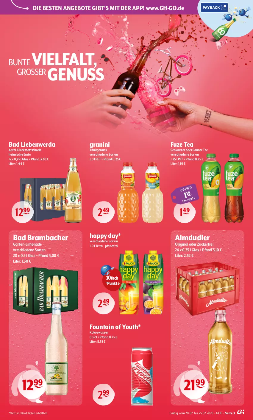 Aktueller Prospekt Getraenke Hoffmann - Prospekte - von 20.07 bis 25.07.2026 - strona 3 - produkty: almdudler, angebot, angebote, apfel, Bad, Bad Liebenwerda, direktsaft, eis, fuze tea, Garten, gin, granini, grüner tee, Happy Day, kokos, Kokoswasser, limo, limonade, nuss, saft, schorle, tee, Ti, wasser, Yo, zucker