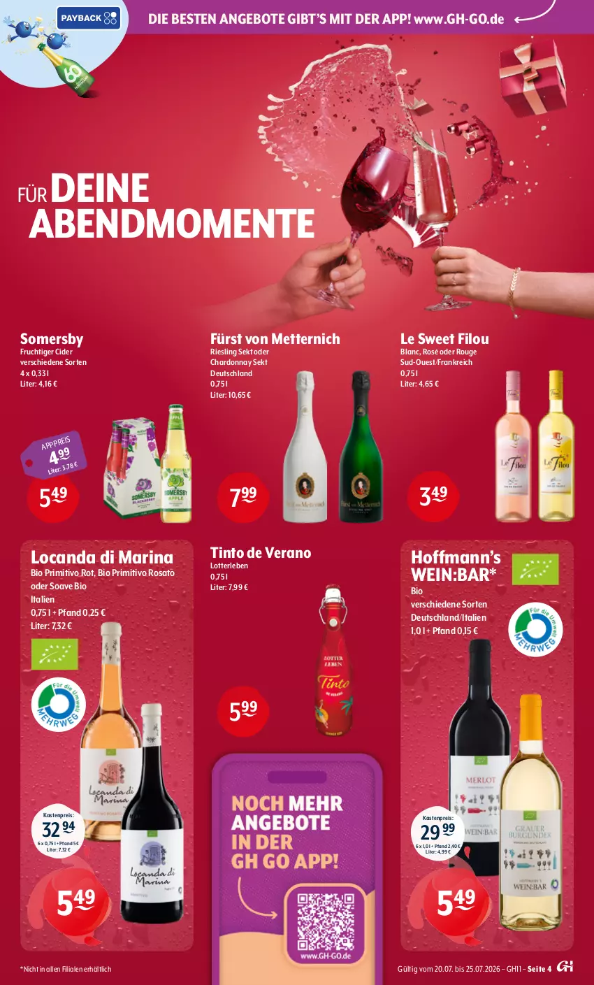 Aktueller Prospekt Getraenke Hoffmann - Prospekte - von 20.07 bis 25.07.2026 - strona 4 - produkty: angebot, angebote, bio, chardonnay, cider, eis, ente, frucht, fürst von metternich, Mett, metternich, primitivo, reis, riesling, rosato, rouge, sekt, somersby, Ti, wein