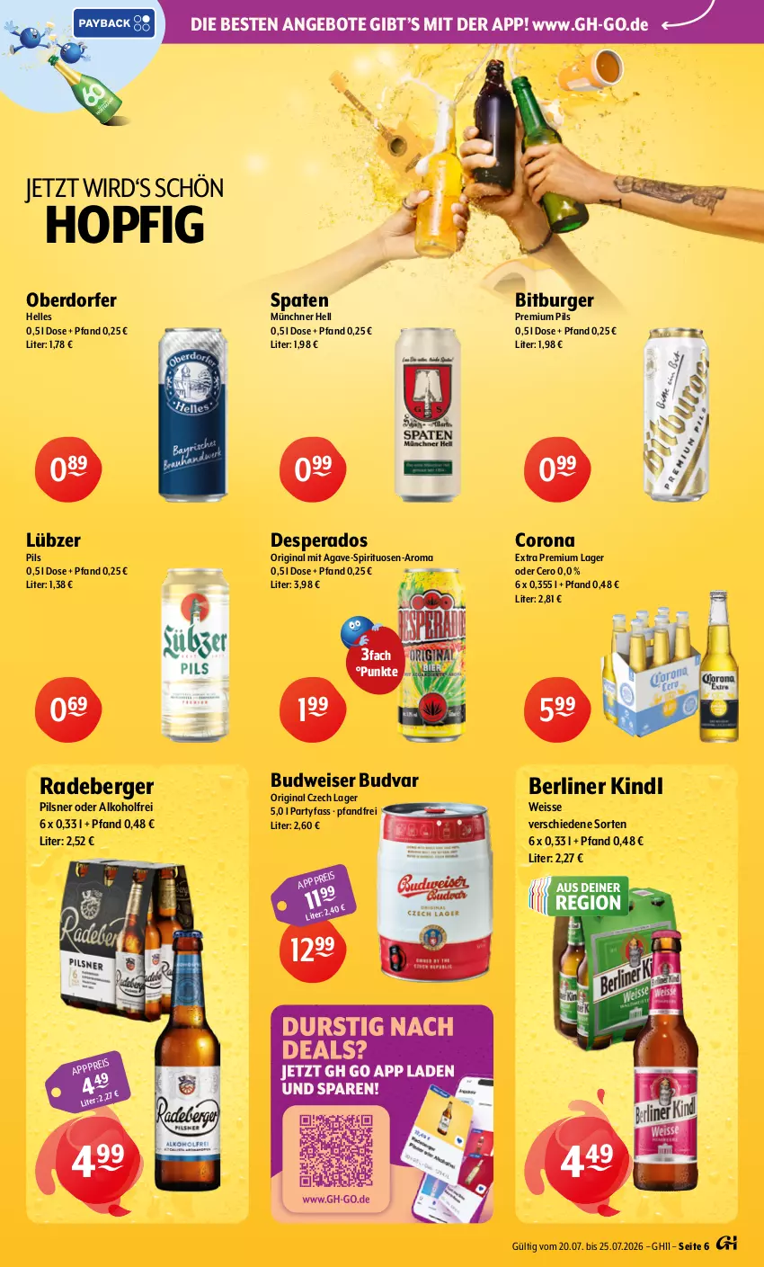 Aktueller Prospekt Getraenke Hoffmann - Prospekte - von 20.07 bis 25.07.2026 - strona 6 - produkty: alkohol, angebot, angebote, Berger, berliner, berliner kindl, bitburger, budweiser, burger, corona, corona extra, desperados, eis, elle, gin, Lübzer, pils, pilsner, premium pils, radeberger, radeberger pilsner, Spaten, spirituosen, Ti