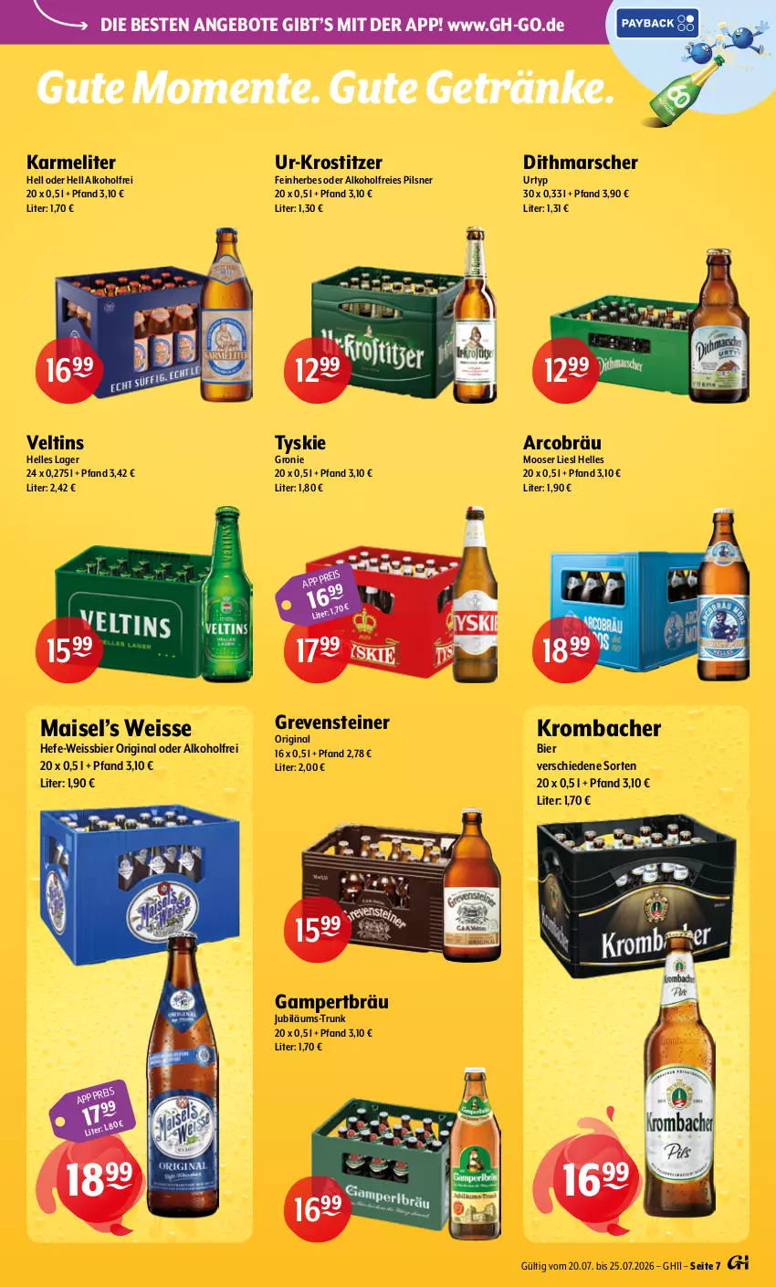Aktueller Prospekt Getraenke Hoffmann - Prospekte - von 20.07 bis 25.07.2026 - strona 7 - produkty: alkohol, angebot, angebote, bier, eis, elle, ente, getränk, getränke, gin, grevensteiner, Hefe, Jubiläums, krombache, krombacher, mais, mars, pils, pilsner, steiner, Ti, tyskie, urtyp, veltins, weissbier