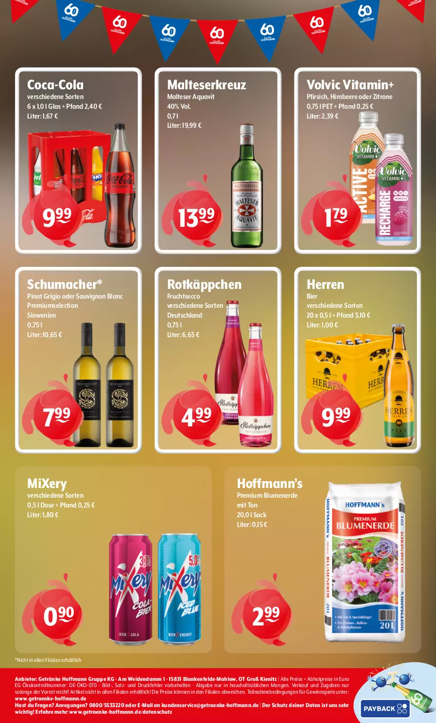 Aktueller Prospekt Getraenke Hoffmann - Prospekte - von 20.07 bis 25.07.2026 - strona 8 - produkty: abholpreise, aqua, aquavit, beere, bier, blume, blumen, blumenerde, coca-cola, cola, ecco, eis, erde, frucht, fruchtsecco, getränk, getränke, gewinnspiel, himbeer, himbeere, mac, malteser, Mixer, mixery, pfirsich, Pinot, pinot grigio, reis, rotkäppchen, sac, sauvignon, sauvignon blanc, Spiele, Ti, vita, volvic, zitrone