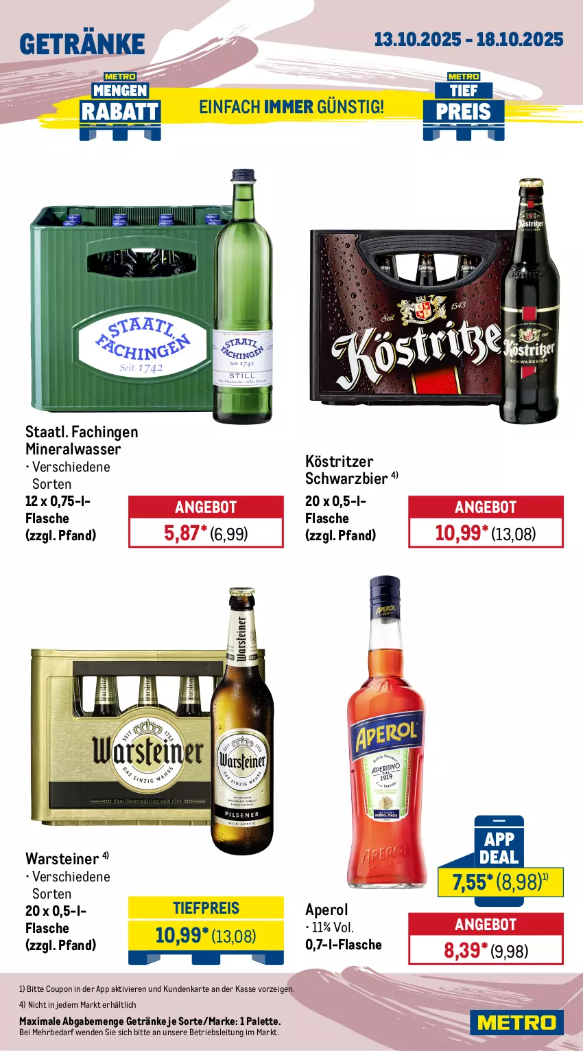 Aktueller Prospekt Metro - Wochen-Angebote - von 13.10 bis 18.10.2025 - strona 15 - produkty: Alwa, angebot, aperol, bahlsen, bier, bohne, coca-cola, cola, coppenrath, coupon, eis, espresso, flasche, geback, gebäckmischung, getränk, getränke, gewürz, gin, jacobs, köstritzer, kuchen, Lebkuchen, Meister, Metro, mineralwasser, Palette, reis, rezept, Staatl. Fachingen, steiner, Ti, tiefpreis, warsteiner, wasser, WICK