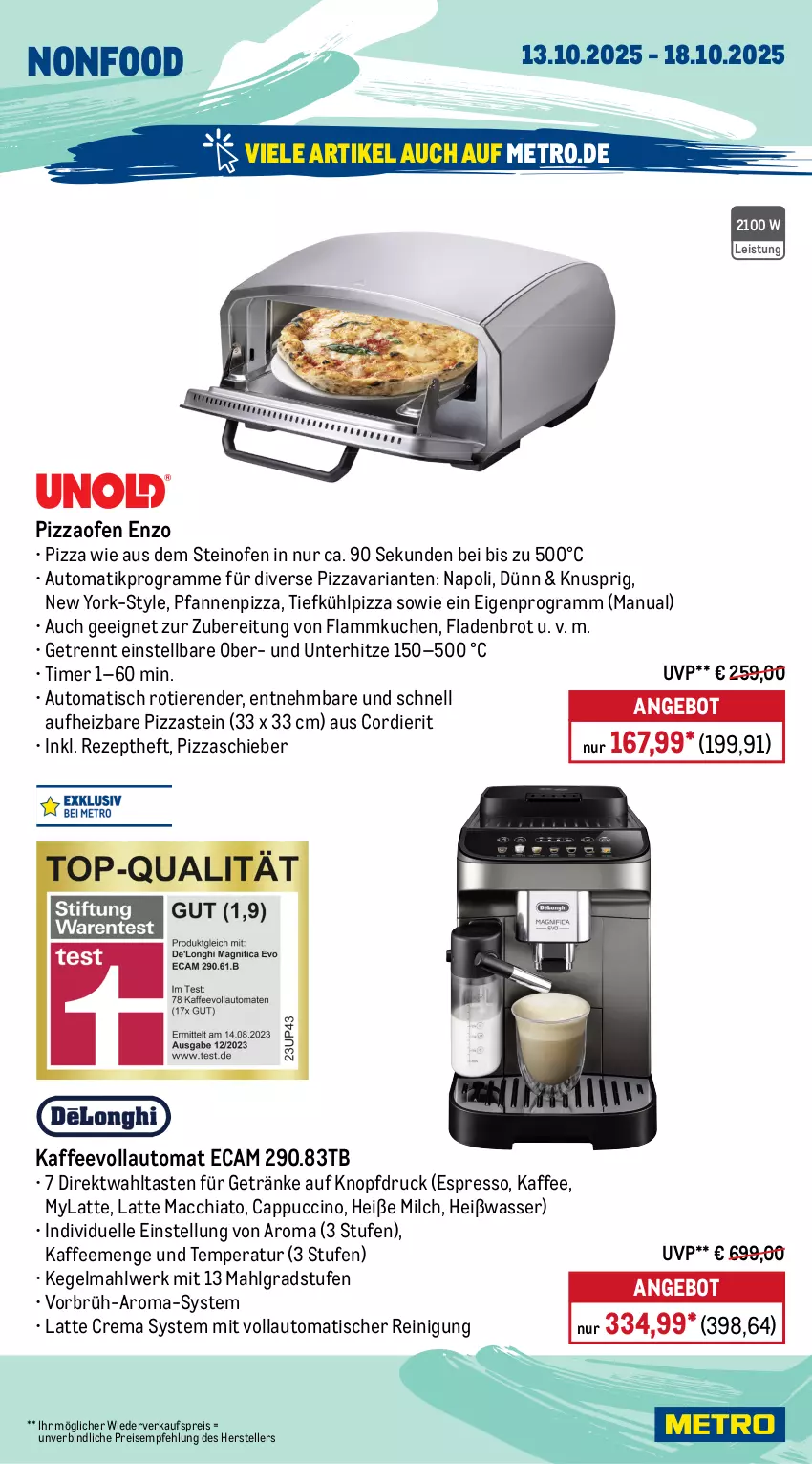 Aktueller Prospekt Metro - Wochen-Angebote - von 13.10 bis 18.10.2025 - strona 21 - produkty: ACC, angebot, auto, Behälter, beutel, Brei, brot, Cap, cappuccino, chia, cin, eis, elle, espresso, Fladenbrot, flammkuchen, getränk, getränke, kaffee, kaffeevollautomat, küche, Küchen, kuchen, küchenmaschine, lamm, latte, latte macchiato, LG, mac, macchiato, Metro, milch, Ofen, pfanne, pfannen, pizza, Pizzaofen, Reinigung, reis, rel, rezept, Ria, Rührschüssel, schlauch, Schneebesen, schoko, schokolade, schüssel, Spritzschutz, steinofen, teller, Ti, Tiere, timer, tisch, Vakuumierer, Waage, wasser, Yo