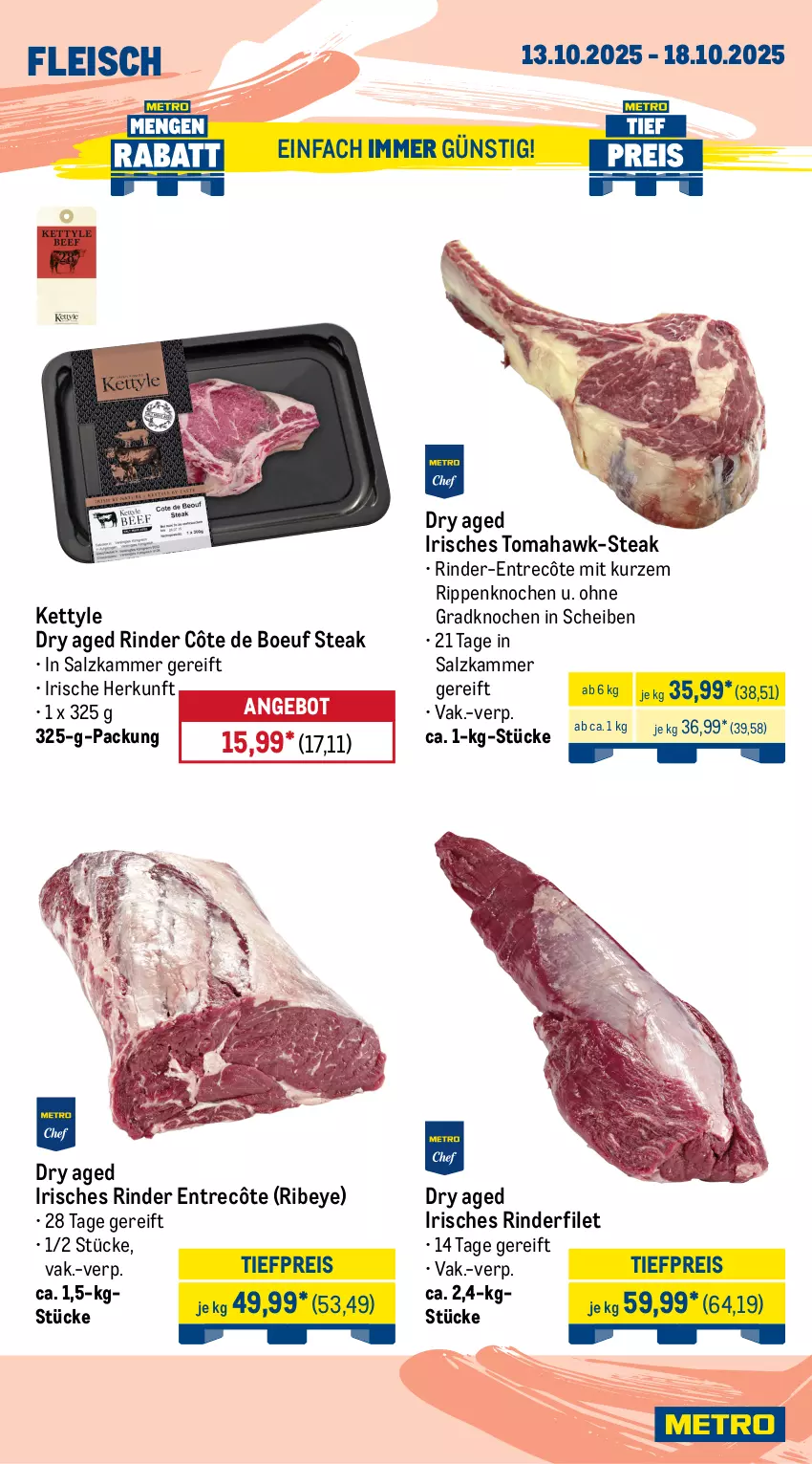 Aktueller Prospekt Metro - Wochen-Angebote - von 13.10 bis 18.10.2025 - strona 4 - produkty: Abtei, angebot, angebote, aqua, eis, elle, entrecôte, filet, fisch, fische, Fischer, fleisch, forelle, frischfisch, lachs, lachsfilet, Metro, reis, rel, Ria, rind, rinder, rinderfilet, Rippen, rwe, salz, Schere, steak, steaks, Ti, tiefpreis, Wild