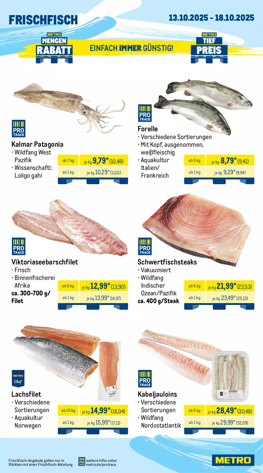 Aktueller Prospekt Metro - Wochen-Angebote - von 13.10 bis 18.10.2025 - strona 5 - produkty: Abtei, angebot, angebote, aqua, eis, elle, entrecôte, filet, fisch, fische, Fischer, fleisch, forelle, frischfisch, lachs, lachsfilet, Metro, reis, rel, Ria, rind, rinder, rinderfilet, Rippen, rwe, salz, Schere, steak, steaks, Ti, tiefpreis, Wild