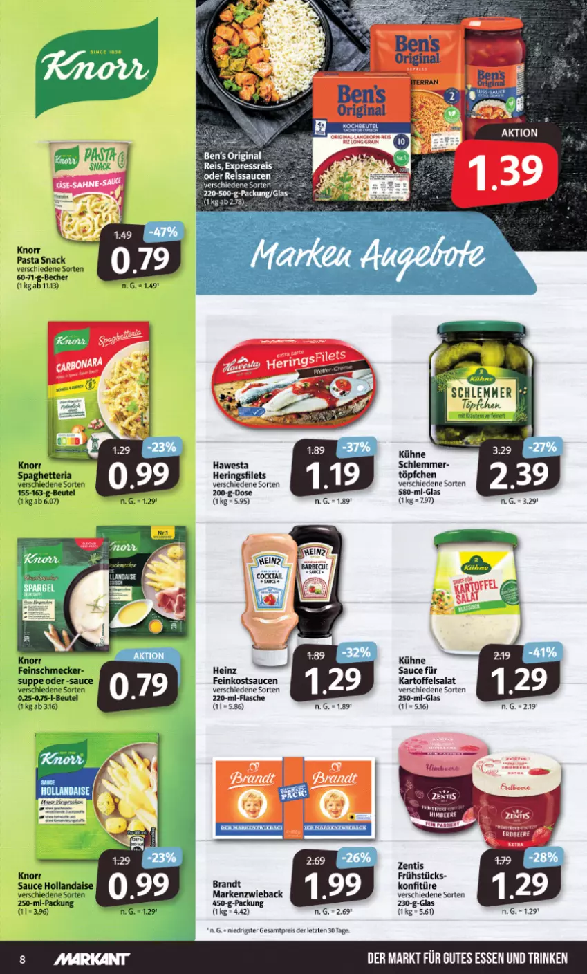 Aktueller Prospekt Markant - Prospekte - von 20.03 bis 25.03.2023 - strona 8 - produkty: Becher, beutel, brandt, eier, eis, feinkost, feinschmecker, filet, filets, flasche, gutes essen, hawesta, heinz, hering, Herings, heringsfilets, hollandaise, kartoffel, kartoffelsalat, knorr, knorr pasta, konfitüre, kräuter, kräutern, Kühne, Markenzwieback, pasta, pasta snack, reis, ring, salat, sauce, sauce hollandaise, saucen, snack, Ti, topf, Töpfchen, ZTE