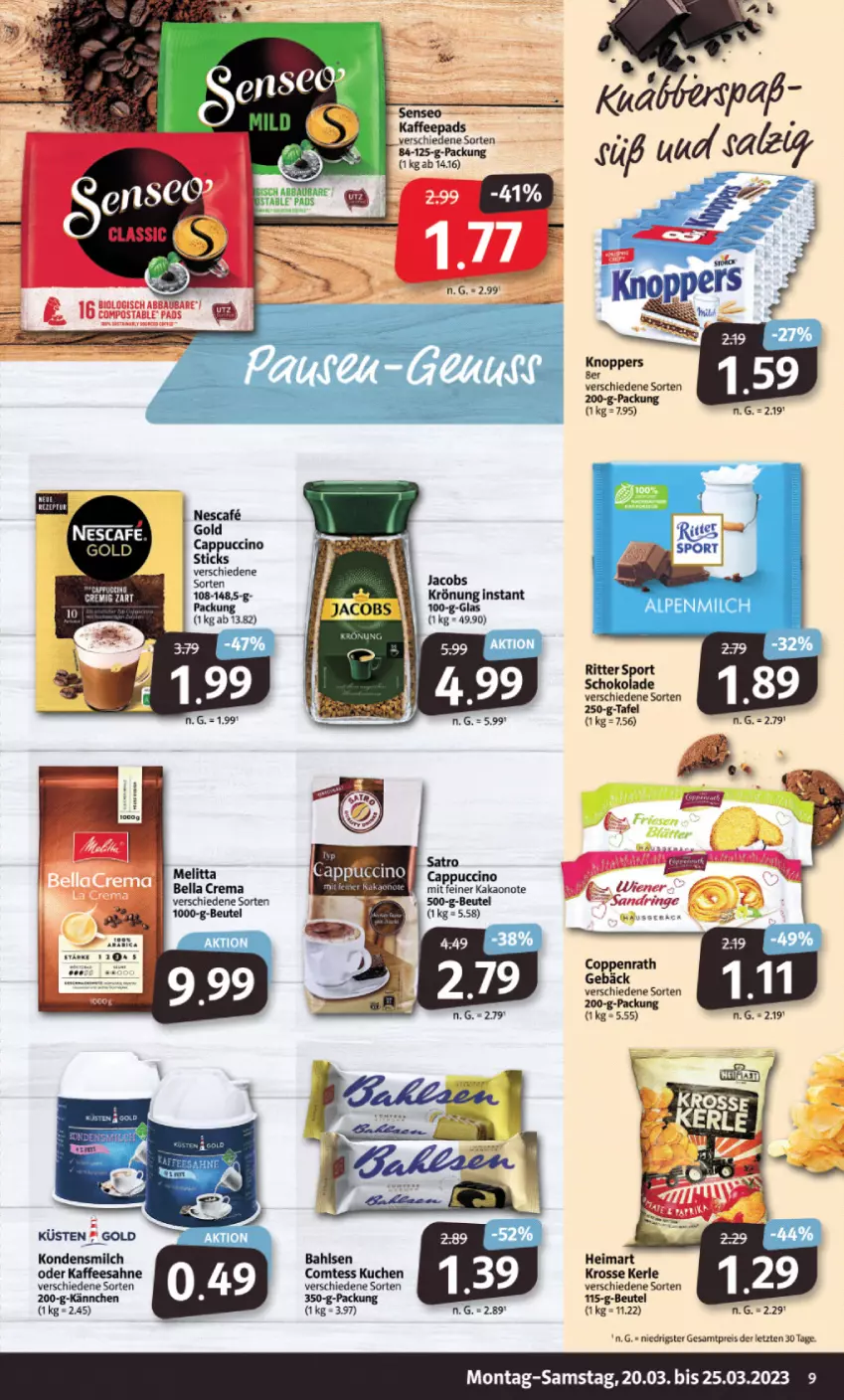 Aktueller Prospekt Markant - Prospekte - von 20.03 bis 25.03.2023 - strona 9 - produkty: bahlsen, bella crema, beutel, Cap, cappuccino, cin, comtess, comtess kuchen, coppenrath, Coppenrath Gebäck, eis, jacobs, kaffee, kaffeepads, kakao, knoppers, kondensmilch, kuchen, melitta, milch, nescafe, reis, ritter, sahne, schoko, schokolade, senseo, Sport, ZTE