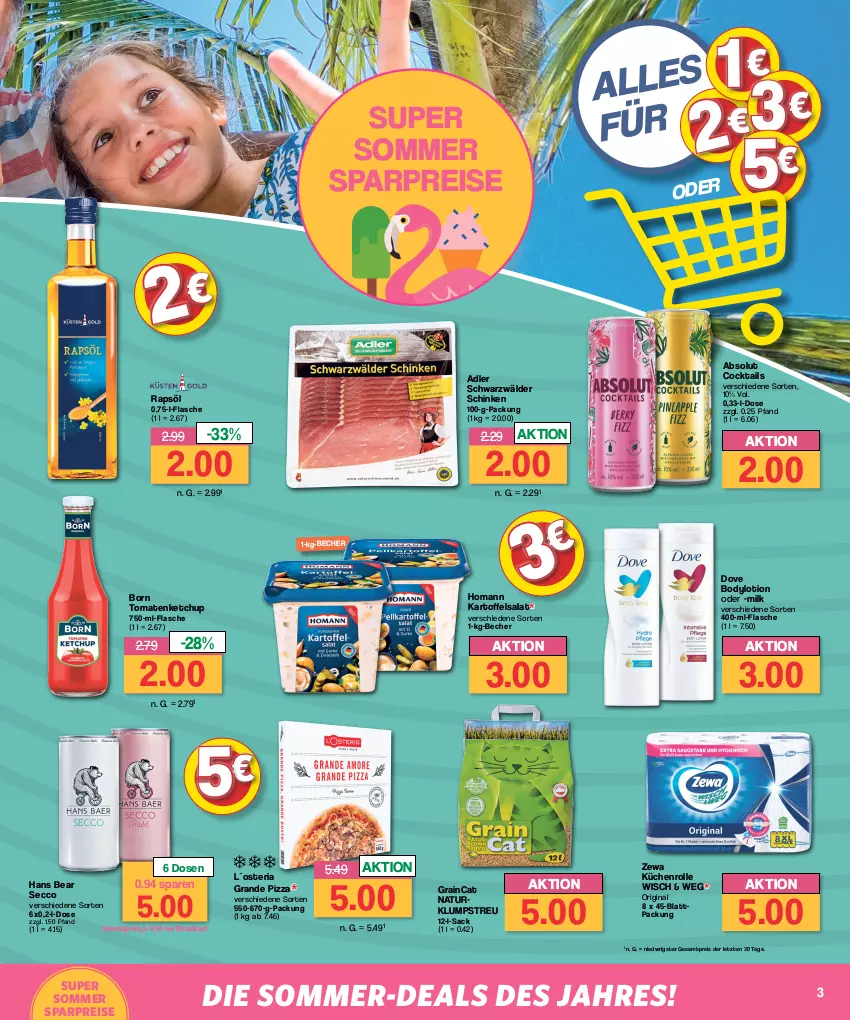 Aktueller Prospekt Famila - Prospekte - von 17.07 bis 22.07.2023 - strona 3 - produkty: Becher, body, bodylotion, cocktail, cocktails, dove, ecco, eis, flasche, gin, homann, kartoffel, kartoffelsalat, ketchup, klumpstreu, küche, Küchen, küchenrolle, Lotion, natur, pizza, rapsöl, reis, Ria, sac, salat, schinken, schwarzwälder schinken, Ti, tomate, tomaten, tomatenketchup, zewa, ZTE