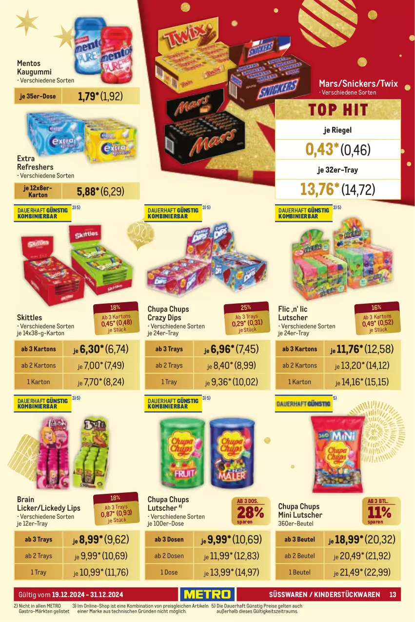 Aktueller Prospekt Metro - Händler Journal - von 19.12 bis 31.12.2024 - strona 12 - produkty: auer, beutel, chupa, chupa chups, dip, eis, kaugummi, Kinder, Lutscher, mars, mentos, Metro, reis, riegel, skittles, snickers, süsswaren, Ti, twix