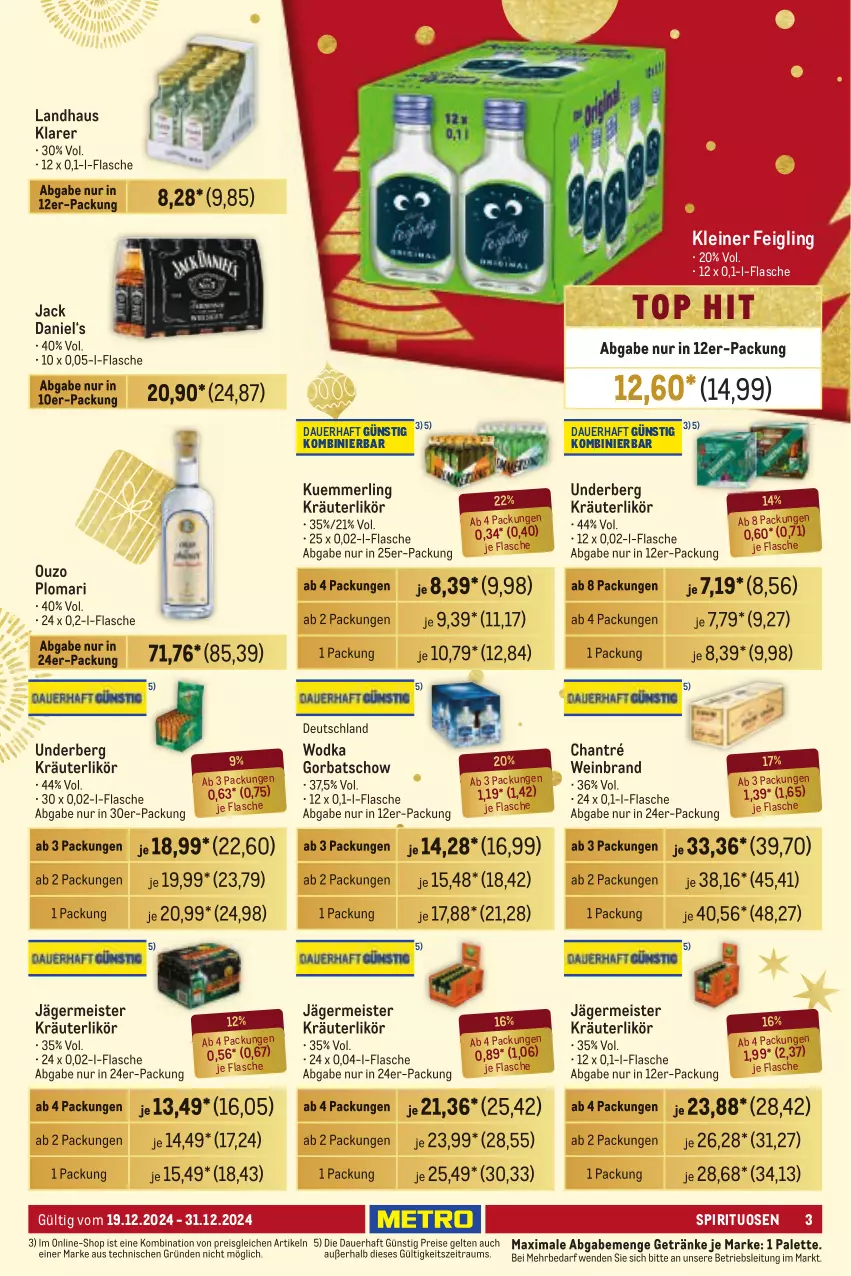 Aktueller Prospekt Metro - Händler Journal - von 19.12 bis 31.12.2024 - strona 3 - produkty: auer, chantré, eis, flasche, Germ, getränk, getränke, Gorbatschow, jack daniel, jägermeister, kleiner feigling, kräuter, kräuterlikör, kuemmerling, leine, likör, Meister, merl, ouzo, Palette, reis, spirituosen, Ti, underberg, wein, weinbrand, wodka