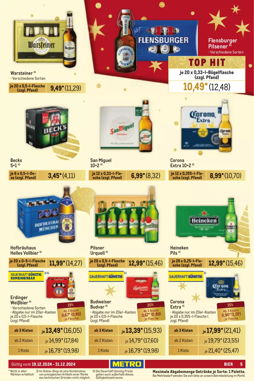 Aktueller Prospekt Metro - Händler Journal - von 19.12 bis 31.12.2024 - strona 4 - produkty: auer, becks, bier, budweiser, bügel, bügelflasche, burger, corona, corona extra, eis, elle, erdinger, flasche, flensburger, getränk, getränke, heineken, Palette, pils, pilsener, pilsner, pilsner urquell, reis, steiner, Ti, warsteiner