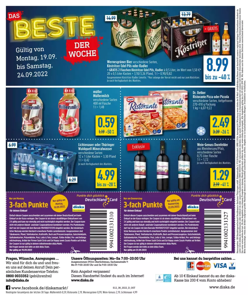 Aktueller Prospekt Diska - Prospekte - von 19.09 bis 24.09.2022 - strona 12 - produkty: angebot, angebote, Astra, auer, Bau, bier, buch, cola, coupon, deka, dornfelder, eis, ente, erde, flasche, guthabenkarte, gutschein, köstritzer, kraft, lichtenauer, limette, Mett, milch, Müller, müllermilch, nuss, pils, pizza, radler, reis, ring, ristorante, ristorante pizza, ritter, sac, Tchibo, telefon, Ti, uhr, wein, ZTE