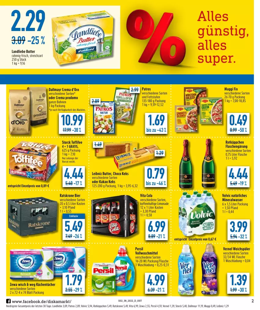 Aktueller Prospekt Diska - Prospekte - von 19.09 bis 24.09.2022 - strona 2 - produkty: Alwa, bier, bohne, bohnen, butter, cola, dallmayr, eis, flasche, kakao, keks, krone, küche, Küchen, küchentücher, landliebe, leibniz, limo, limonade, maggi, maggi fix, mineralwasser, natürliches mineralwasser, patros, persil, prodomo, reis, rotkäppchen, storck, Streichzart, Ti, toffifee, tücher, vernel, vita, vollwaschmittel, volvic, volvic natürliches, waschmittel, wasser, weichspüler, zewa, ZTE